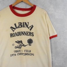 画像1: 70's RUSSEL ATHELETIC 金タグ USA製 "風車NIKE" プリントリンガーTシャツ XL (1)