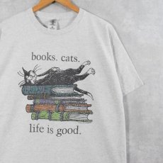 画像1: Edward Gorey "books.cats." 本×ねこプリントTシャツ XL (1)
