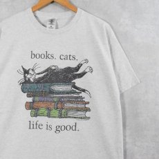 画像1: Edward Gorey "books.cats." 本×ねこプリントTシャツ XL (1)