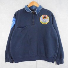 画像1: デニム切り替え ワッペン付き ハーフジップスウェット NAVY (1)