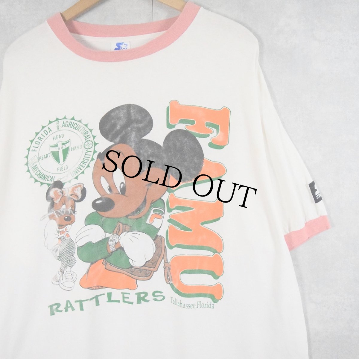 画像1: 90's USA製 FAMU RATTLERS フットボールチーム 黒人ミッキープリント リンガーTシャツ XL (1)