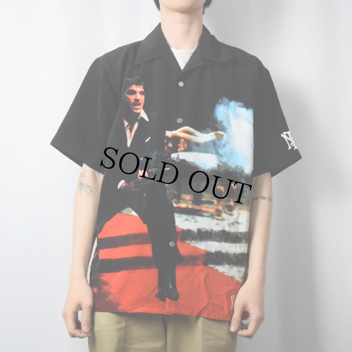 画像3: 90〜2000's Dragonfly "SCARFACE" 映画プリント オープンカラーシャツ M (3)