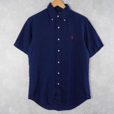 画像1: Ralph Lauren "CUSTOM FIT" ロゴ刺繍 リネンボタンダウンシャツ NAVY L (1)