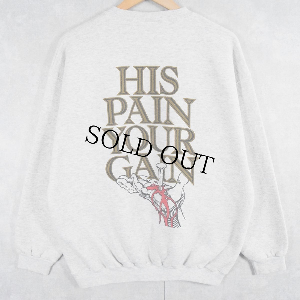 画像2: 90's LORD'S GYM "HIS PAIN YOUR GAIN" ジーザスパロディプリントスウェット L (2)
