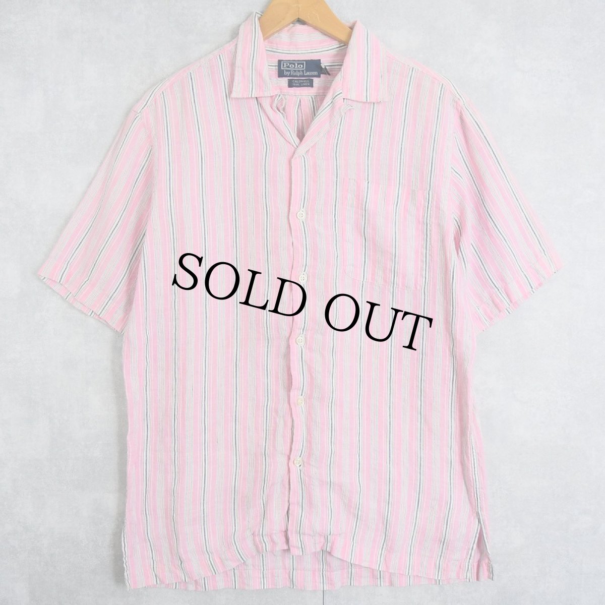 画像1: POLO Ralph Lauren "CALDWELL" リネン ストライプ柄オープンカラーシャツ S (1)