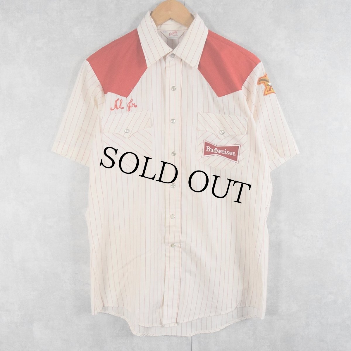 画像2: 80's Budweiser USA製 チェーン刺繍×パッチ付き ストライプ柄 ウエスタンシャツ 15-15 1/2 (2)