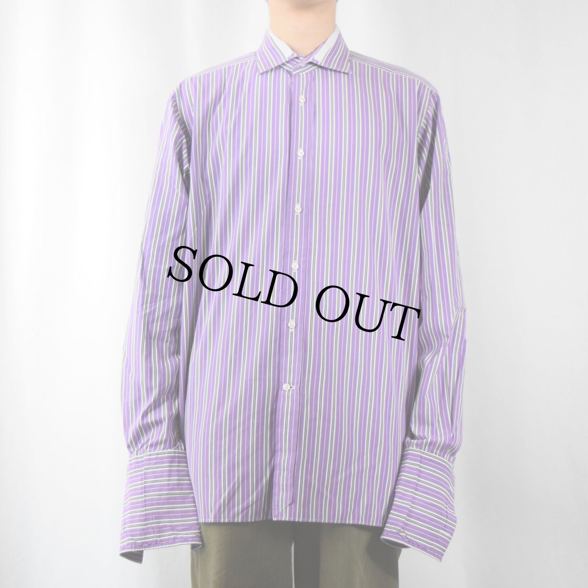 画像2: Ralph Lauren Purple Label ITALY製 "ポニー無し" ストライプ柄 マチ付き コットンドレスシャツ 16 1/2 (2)