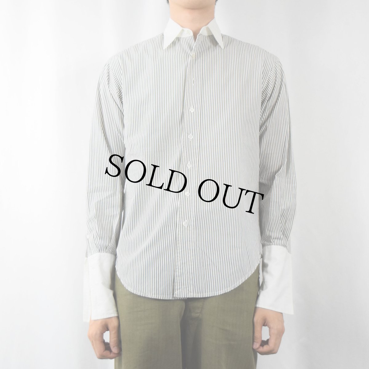 画像2: Ralph Lauren Purple Label "ポニー無し" ストライプ柄 マチ付き コットンドレスシャツ size2 (2)