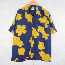 画像1: UN TIED ハイビスカス柄 シルクアロハシャツ XL (1)