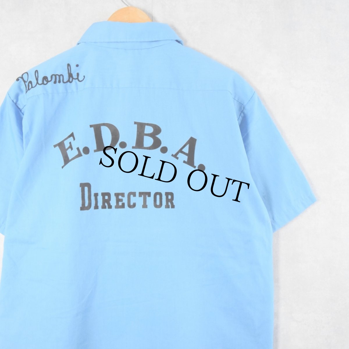 画像1: 70's LANE MATE USA製 "E.D.B.A. DIRECTOR" チェーン刺繍 フロッキープリント ボーリングシャツ L (1)
