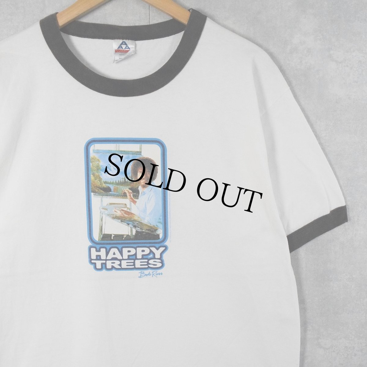画像1: 2000's Bob Ross "HAPPY TREES" 画家プリントリンガーTシャツ L (1)