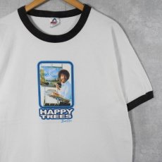 画像1: 2000's Bob Ross "HAPPY TREES" 画家プリントリンガーTシャツ L (1)