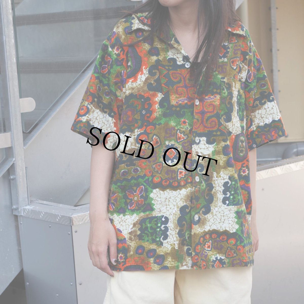 画像2: 70's エスニック柄 コットンハワイアンシャツ L (2)