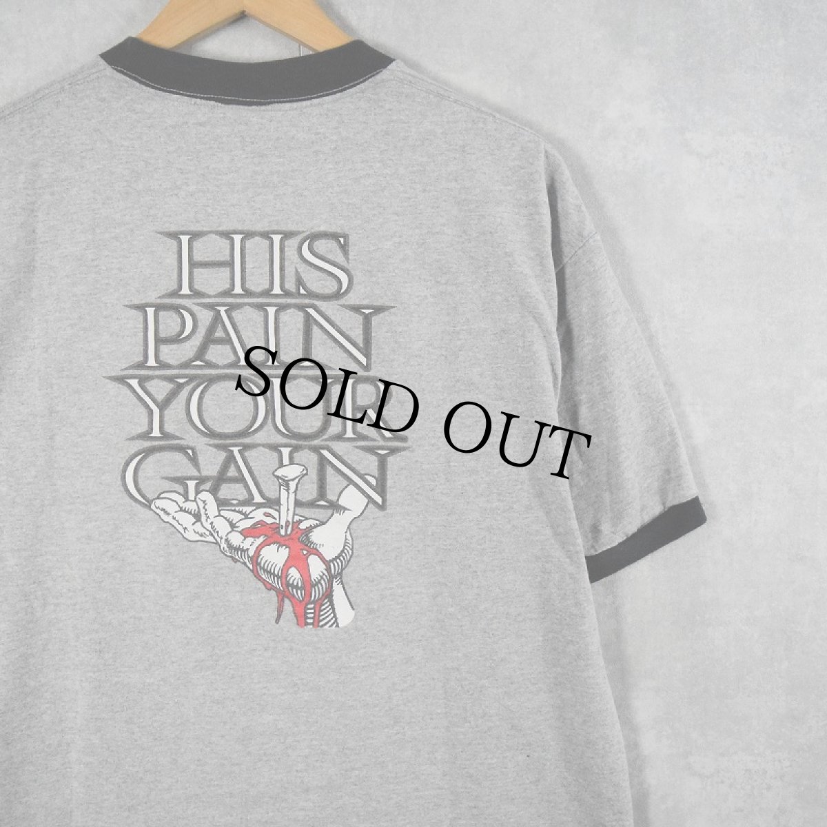 画像2: LORD'S GYM USA製 "HIS PAIN YOUR GAIN" ジーザスパロディリンガーTシャツ L (2)