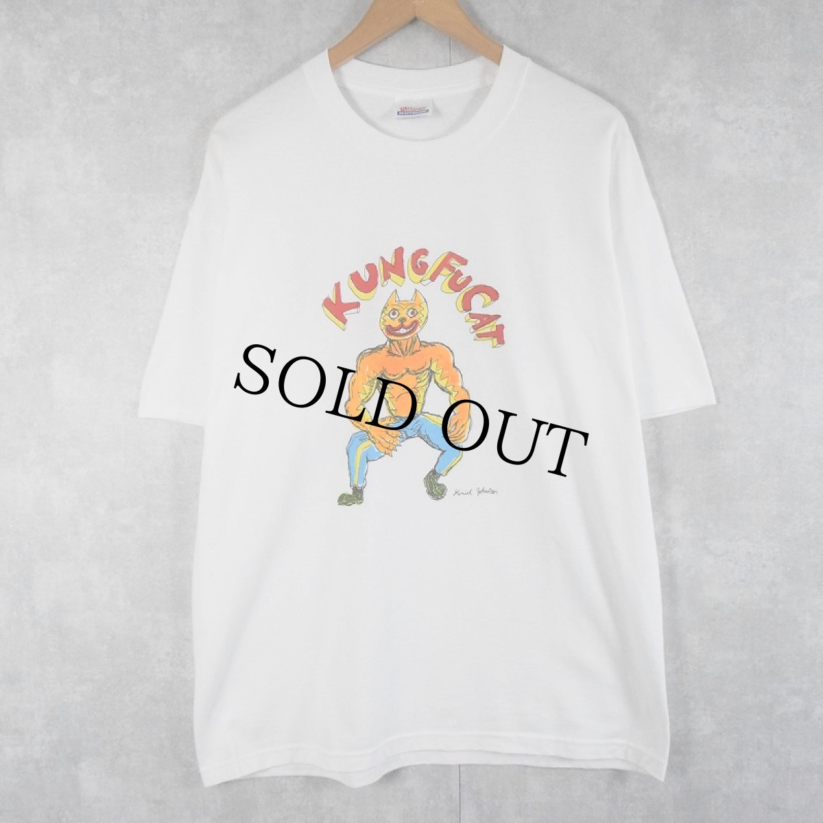 画像2: 【お客様お支払処理中】〜2000's Daniel Johnston  "KUNG FU CAT" アートプリントTシャツ L (2)