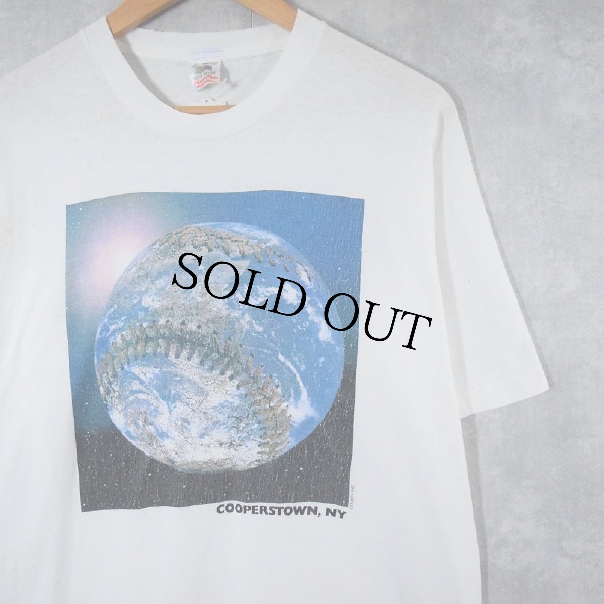 画像1: 90's COOPERSTOWN,NY USA製 地球×ベースボール イラストプリントTシャツ L (1)