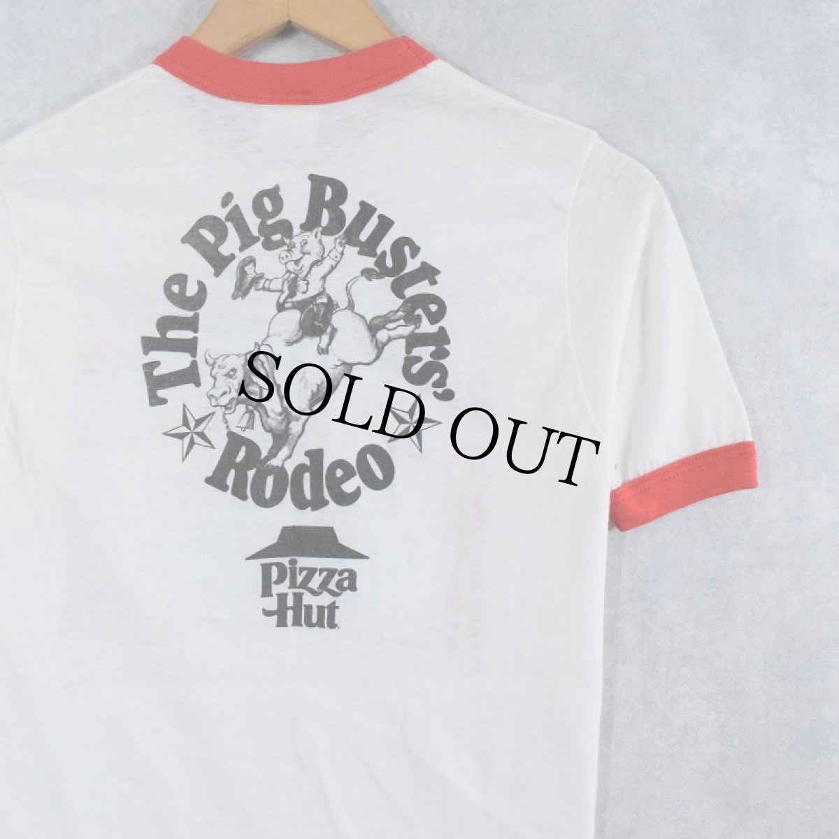 画像2: 80's Budweiser × Pizza Hut ロゴプリントリンガーTシャツ M (2)