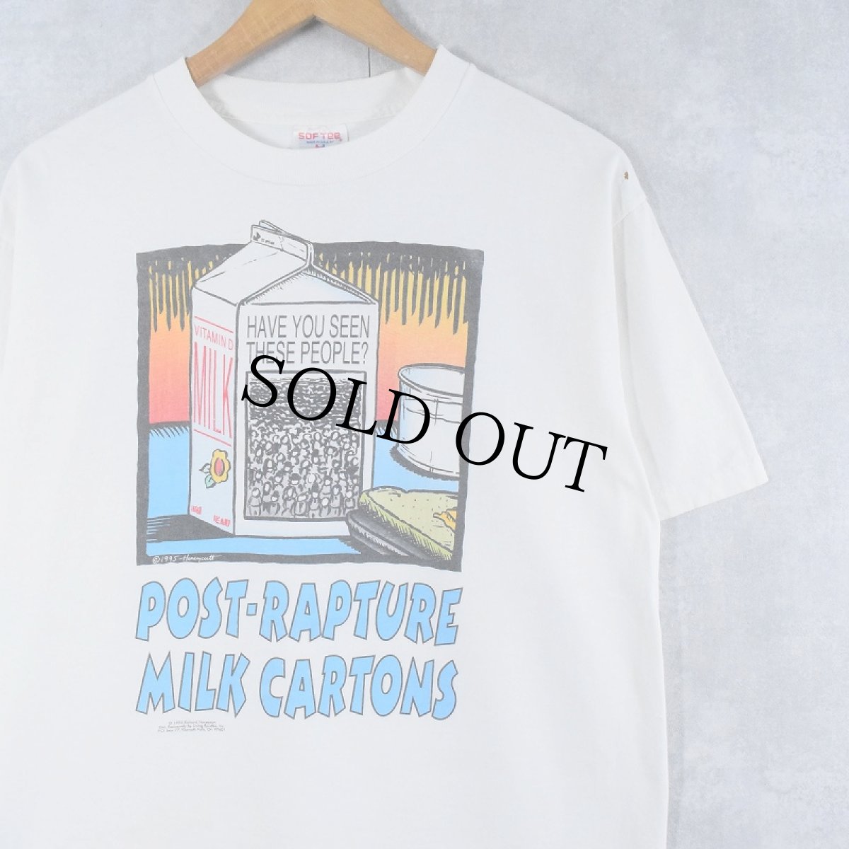 画像1: 90's USA製 "POST-RAPTURE MILK CARTONS" イラストプリントTシャツ L (1)
