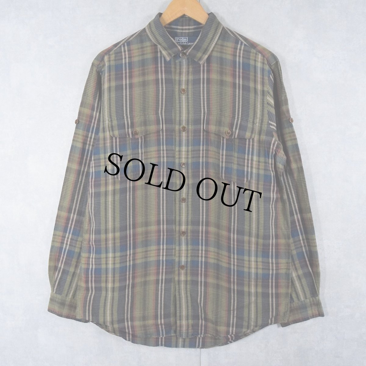 画像1: POLO Ralph Lauren チェック柄 リネン×シルク サファリシャツ M (1)