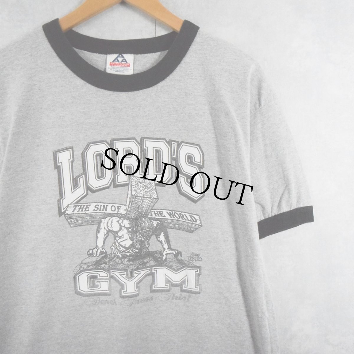 画像1: LORD'S GYM "HIS PAIN YOUR GAIN" ジーザスパロディリンガーTシャツ L (1)