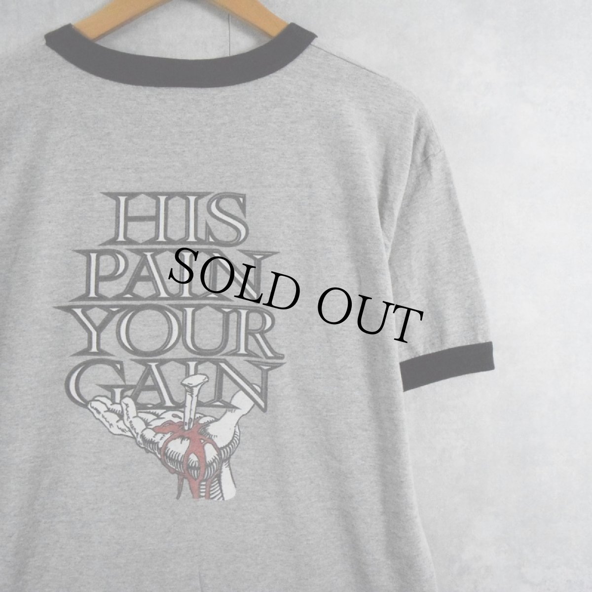 画像2: LORD'S GYM "HIS PAIN YOUR GAIN" ジーザスパロディリンガーTシャツ L (2)