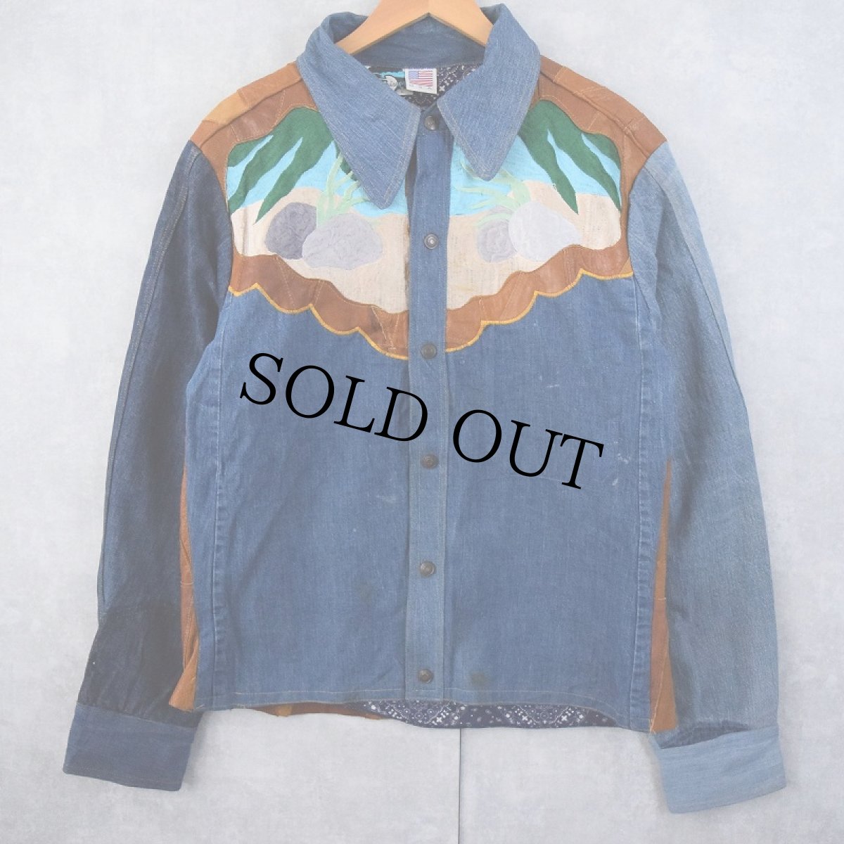 画像2: 70's Antonio Guiseppe USA製 レザーパッチワーク×刺繍 デニムシャツ 3XL (2)