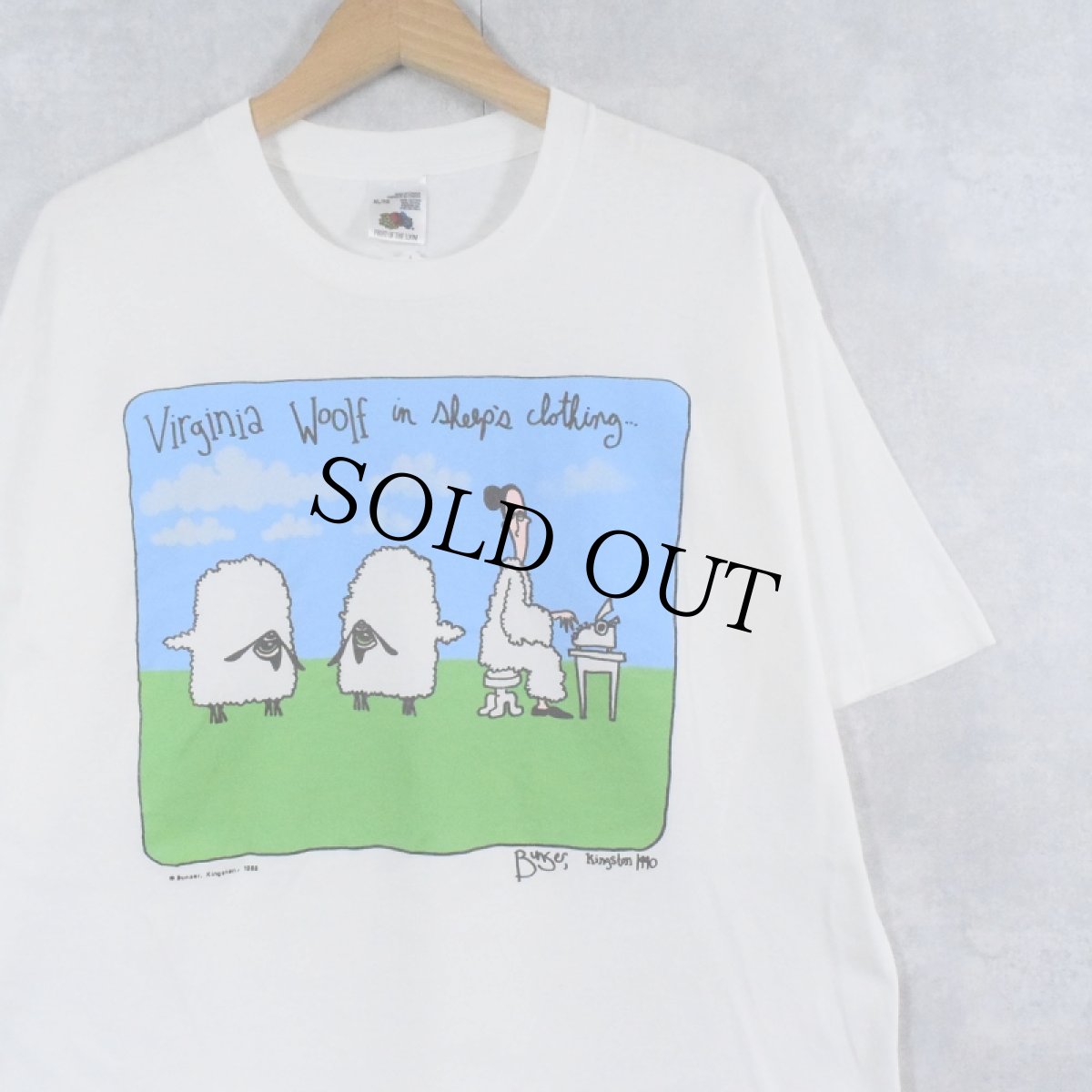 画像1: 90's Bunser Kingston CANADA製 "Virginia Woolf in sheep's clothing" イラストプリントTシャツ XL (1)