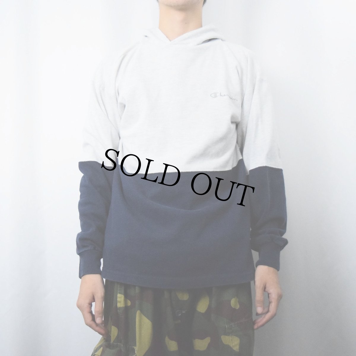 画像3: 90's Champion USA製 ロゴ刺繍 2トーン切り替え スウェットフーディー L GARY×NAVY (3)