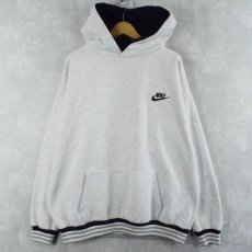 画像1: 90's NIKE 銀タグ USA製 ロゴ刺繍 リブボーダー スウェットフーディー L (1)