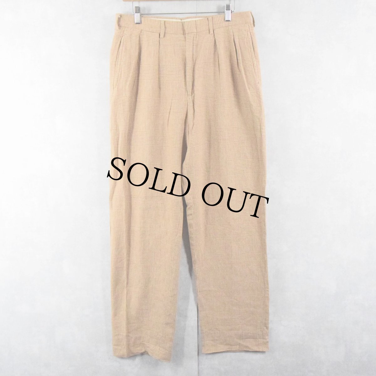 画像1: POLO Ralph Lauren グレンチェック柄 2タック リネン×コットンスラックス W32 (1)