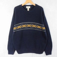 画像1: 90's Eddie Bauer 柄編み コットンニットセーター NAVY M (1)