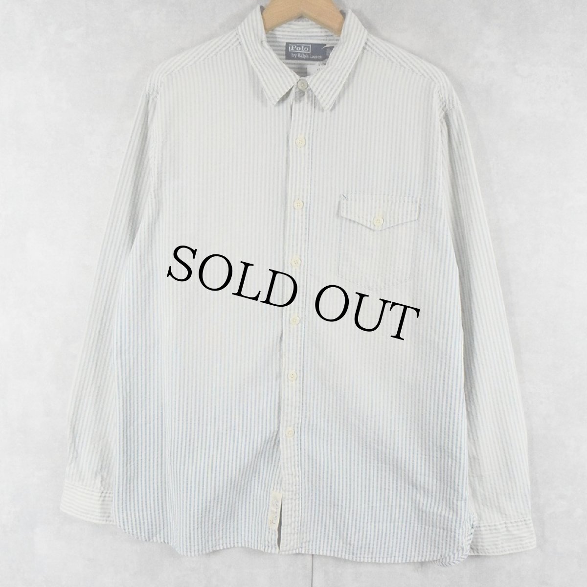画像1: POLO Ralph Lauren ストライプ柄 マチ付き シアサッカーシャツ L (1)