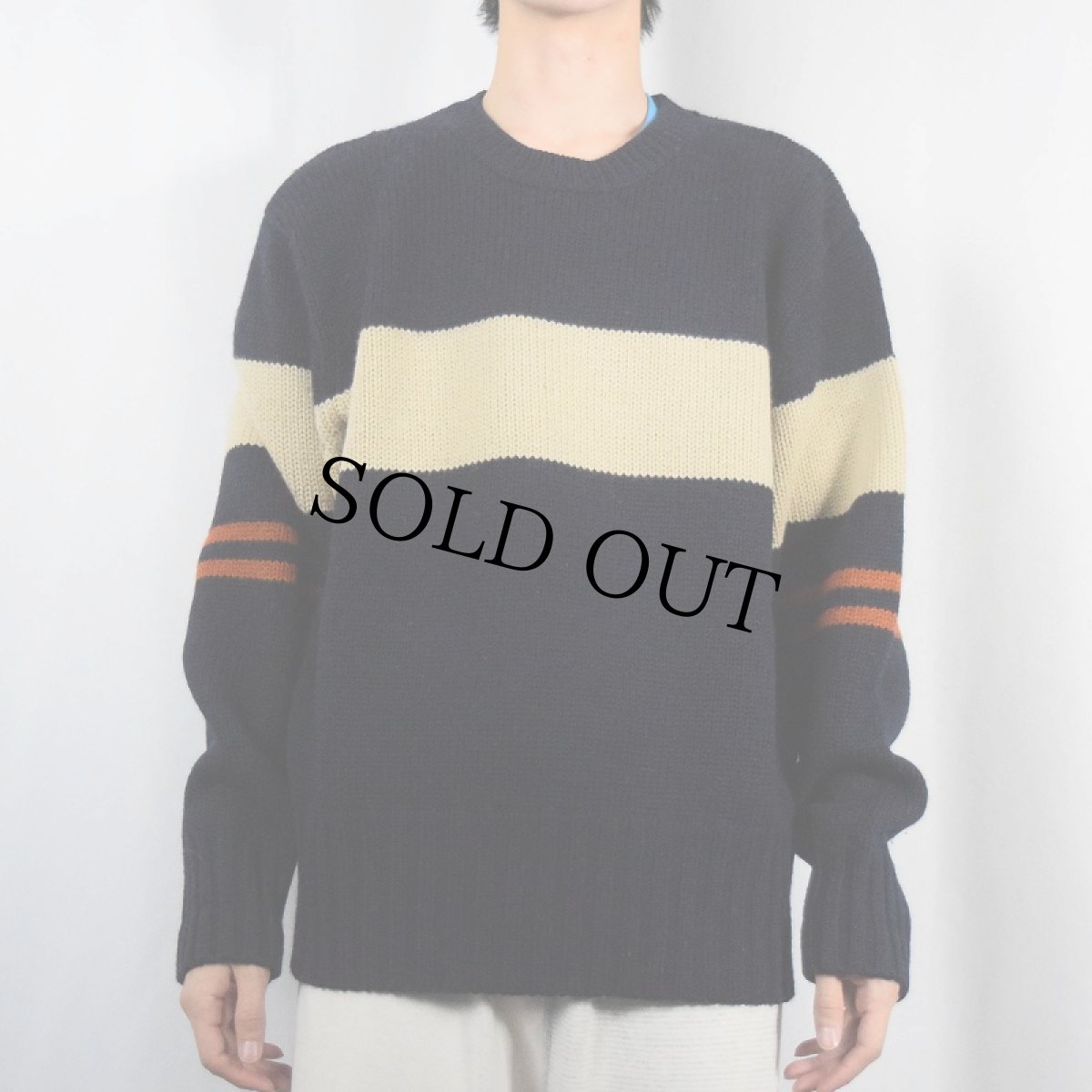 画像2: 90's Abercrombie&fitch ボーダー柄 ウールニットセーター NAVY XL (2)