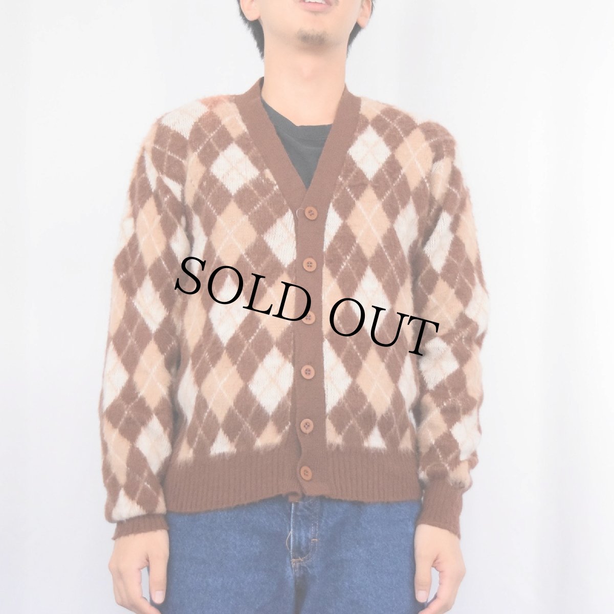 画像2: 70's CAMPUS USA製 アーガイルチェック柄 シャギーニットカーディガン M (2)
