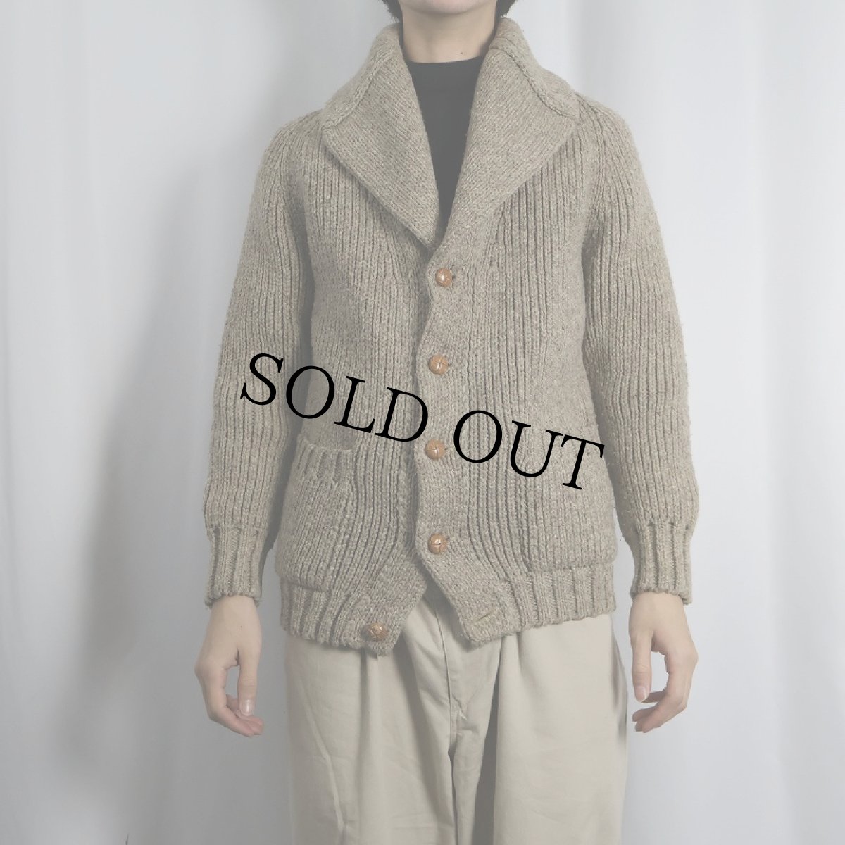 画像2: 80's French Creek ショールカラー エルボーパッチ付き ウールニットカーディガン (2)