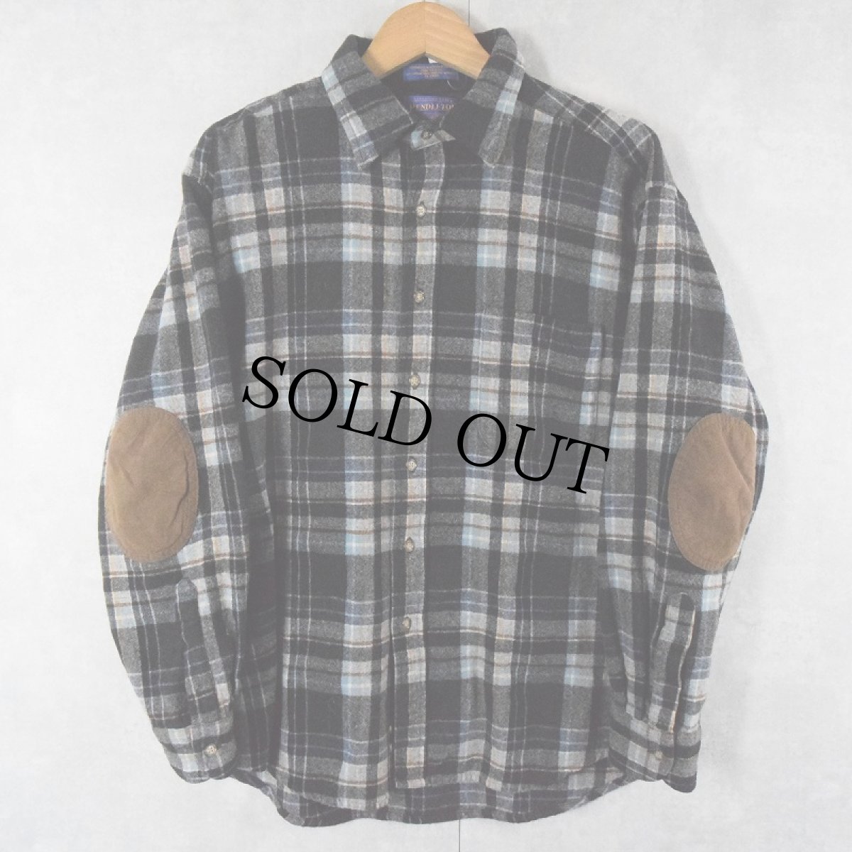 画像1: Pendleton チェック柄 エルボーパッチ付き ウールシャツ L (1)