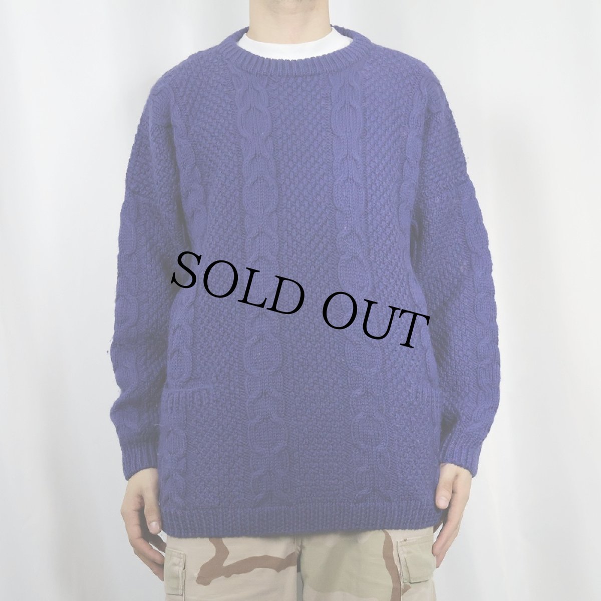 画像2: 80's L.L.Bean ポケット付き ウールアランニットセーター L (2)