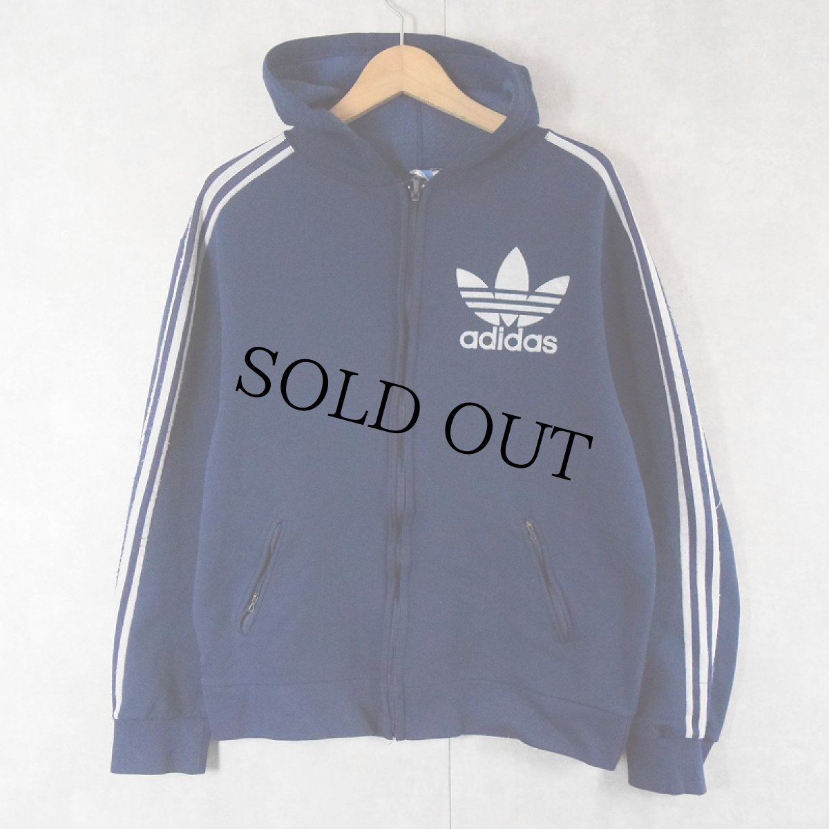 画像1: 70's adidas FRANCE製 ロゴフロッキープリント フード付き トラックジャケット NAVY (1)