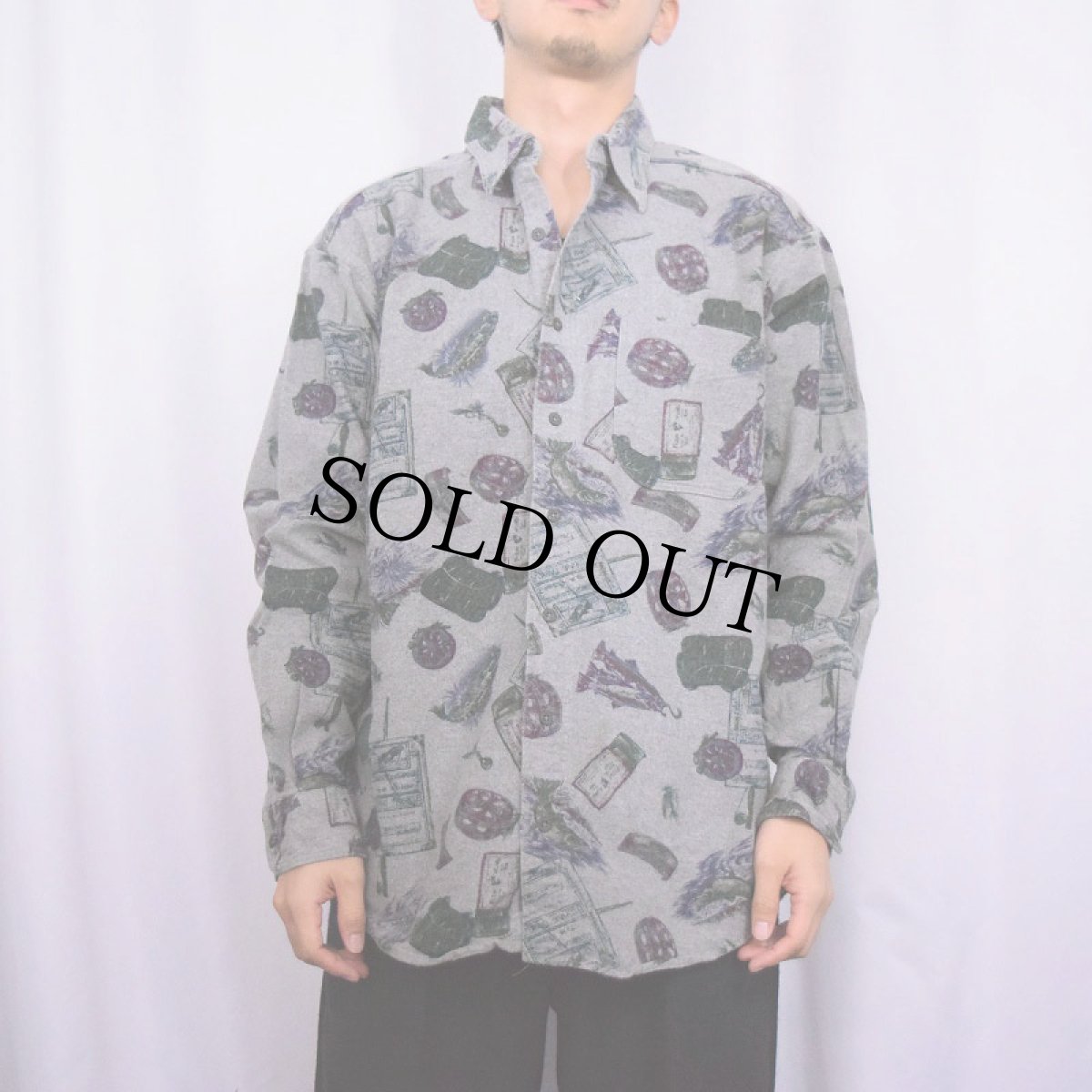 画像2: 90's Woolrich USA製 フィッシング柄 ヘビーネルシャツ L (2)