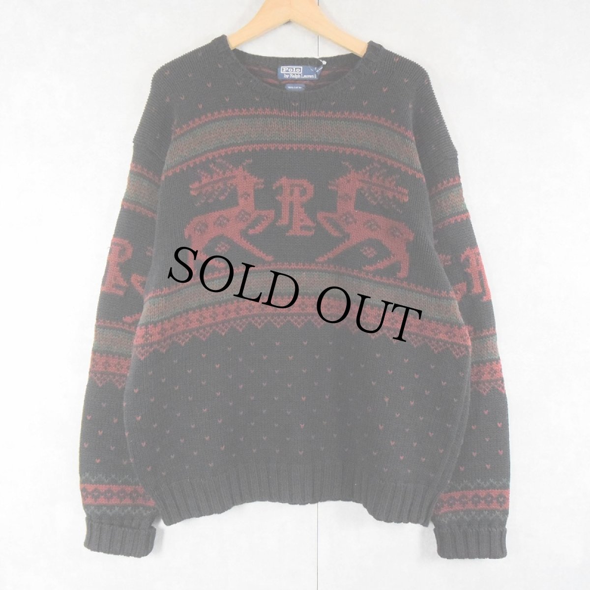 画像1: POLO Ralph Lauren バーズアイ×ノルディック柄 コットンニットセーター BLACK XL (1)