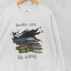 画像1: Edward Gorey "books.cats." 本×ねこプリントスウェット L (1)