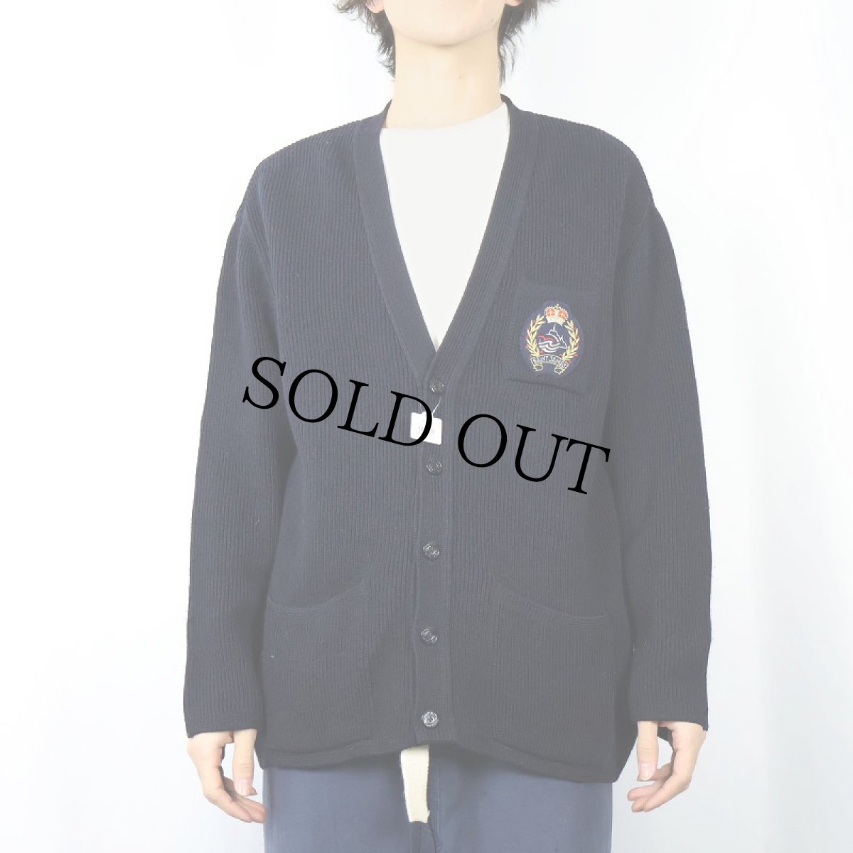 画像2: 80's SAINT JAMES FRANCE製 パッチ付き ウールニットカーディガン NAVY (2)
