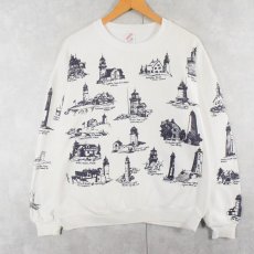画像1: 80〜90's MICHIGAN RAG CO. USA製 ライトハウス柄 プリントスウェット XL (1)