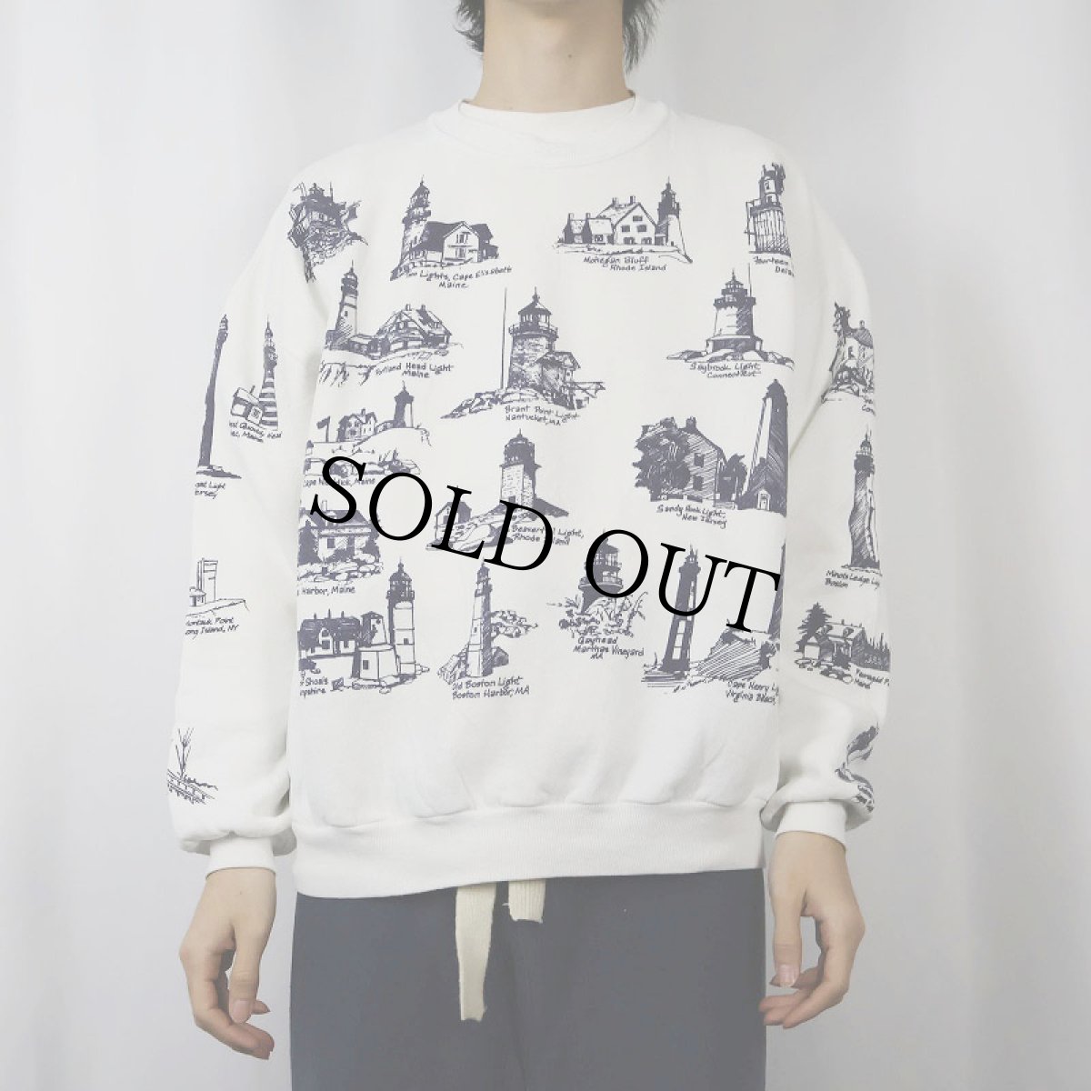 画像2: 80〜90's MICHIGAN RAG CO. USA製 ライトハウス柄 プリントスウェット XL (2)
