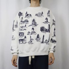 画像2: 80〜90's MICHIGAN RAG CO. USA製 ライトハウス柄 プリントスウェット XL (2)