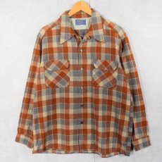 画像1: 70's Pendleton USA製 チェック柄 ウールオープンカラーシャツ L (1)