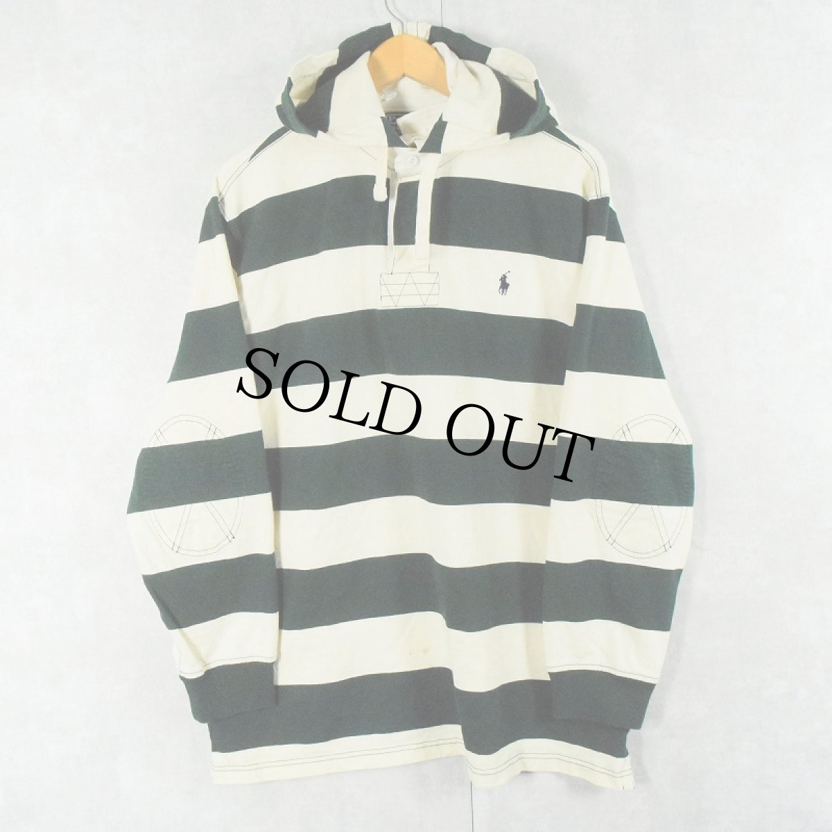 画像1: POLO Ralph Lauren ボーダー柄 フード付きラガーシャツ XL (1)