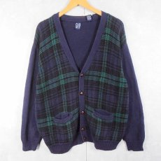 画像1: 90's GAP チェック柄 コットンニットカーディガン NAVY S (1)