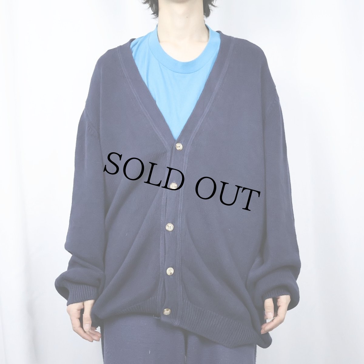 画像2: 90's LANDS'END USA製 コットンニットカーディガン NAVY XL (2)