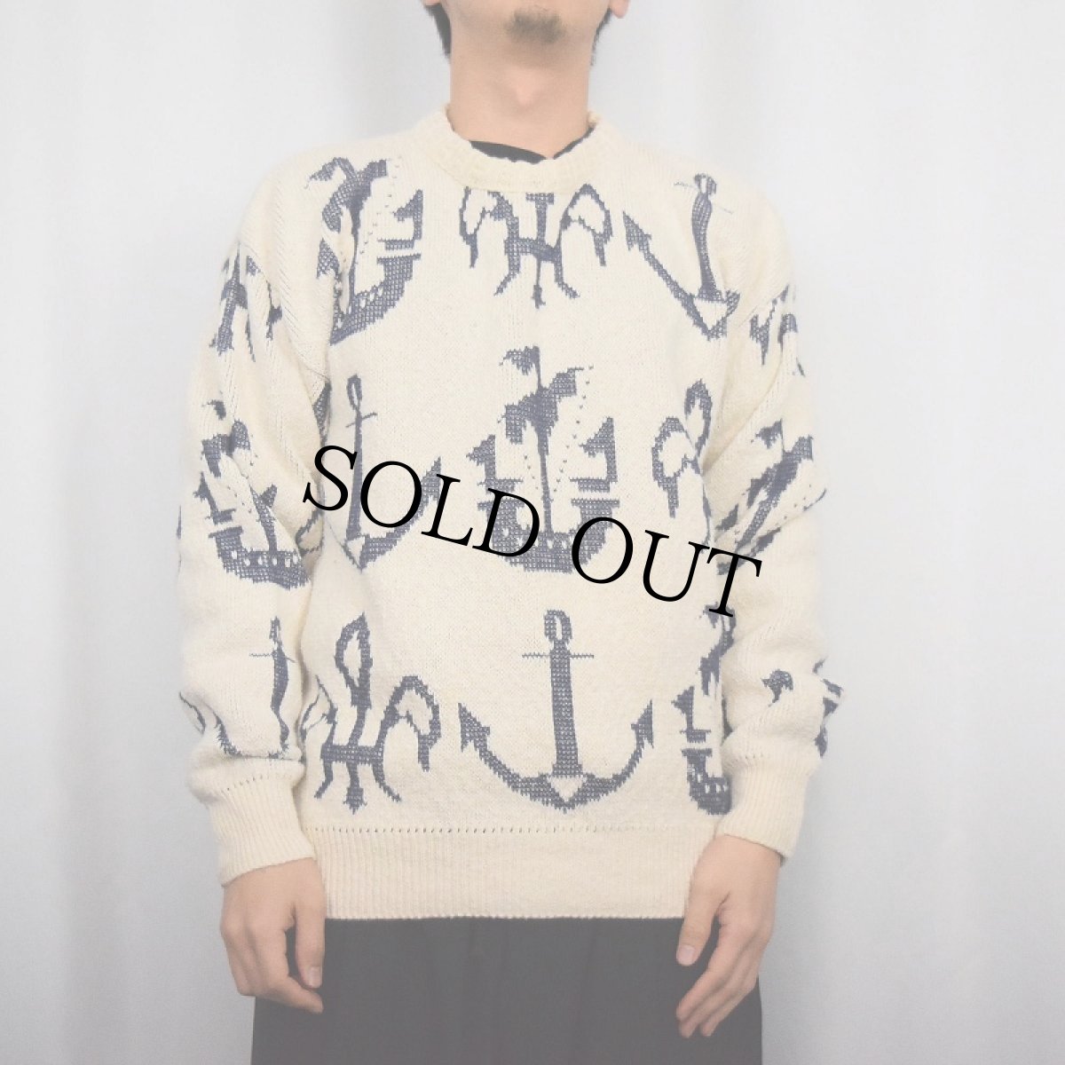 画像2: 80's Norm Thompson USA製 アンカー柄 ジャガード織り コットンニットセーター M (2)